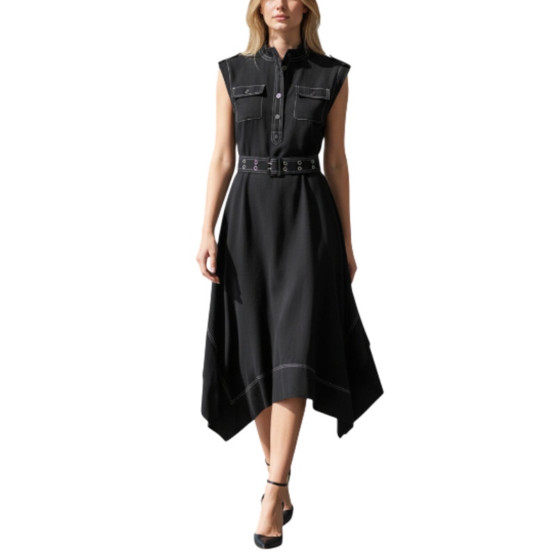 Karl Lagerfeld Assym Belted Midi Dress Sz M Black Retro Business Versatile Euc